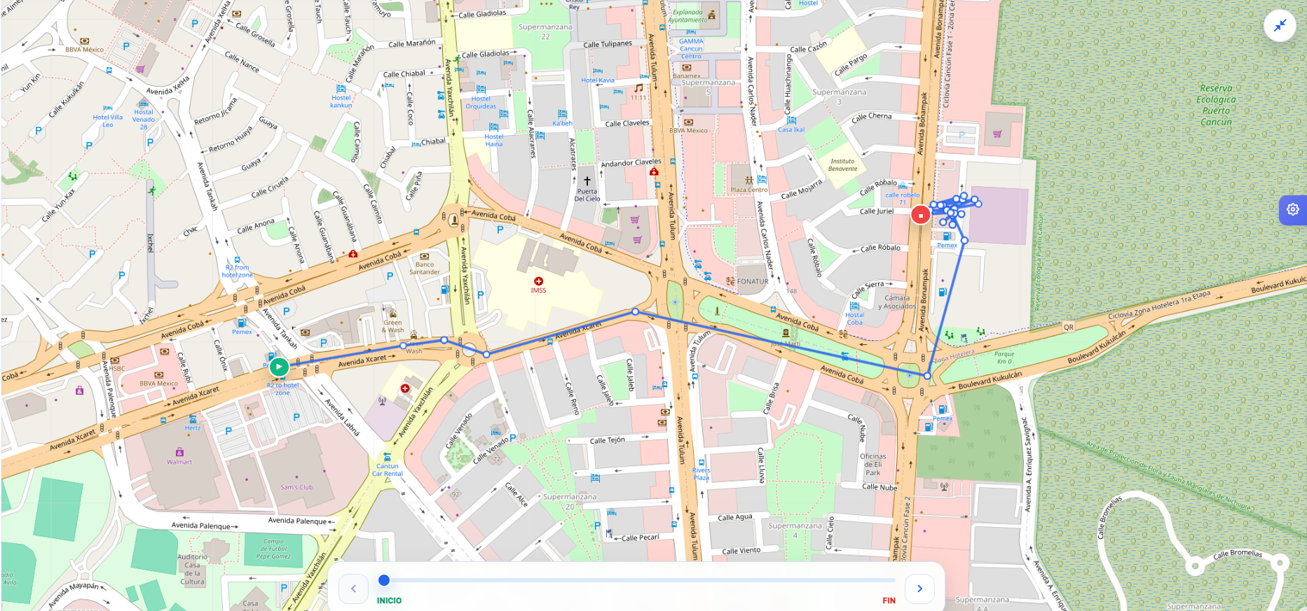 Mapa operativo con ruta, puntos intermedios y timeline del recorrido