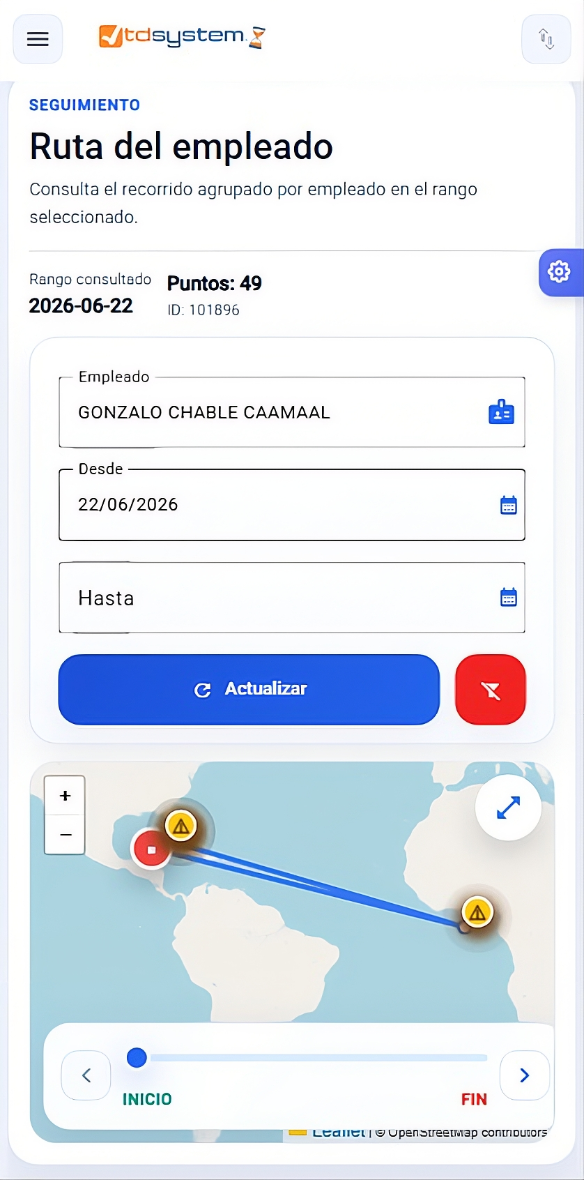 Ruta del empleado con alertas de GPS manipulado